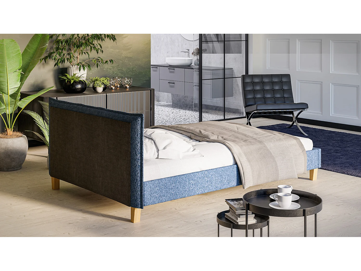 Polsterbett Uriah Boucle Stoff Füße aus Massivholz