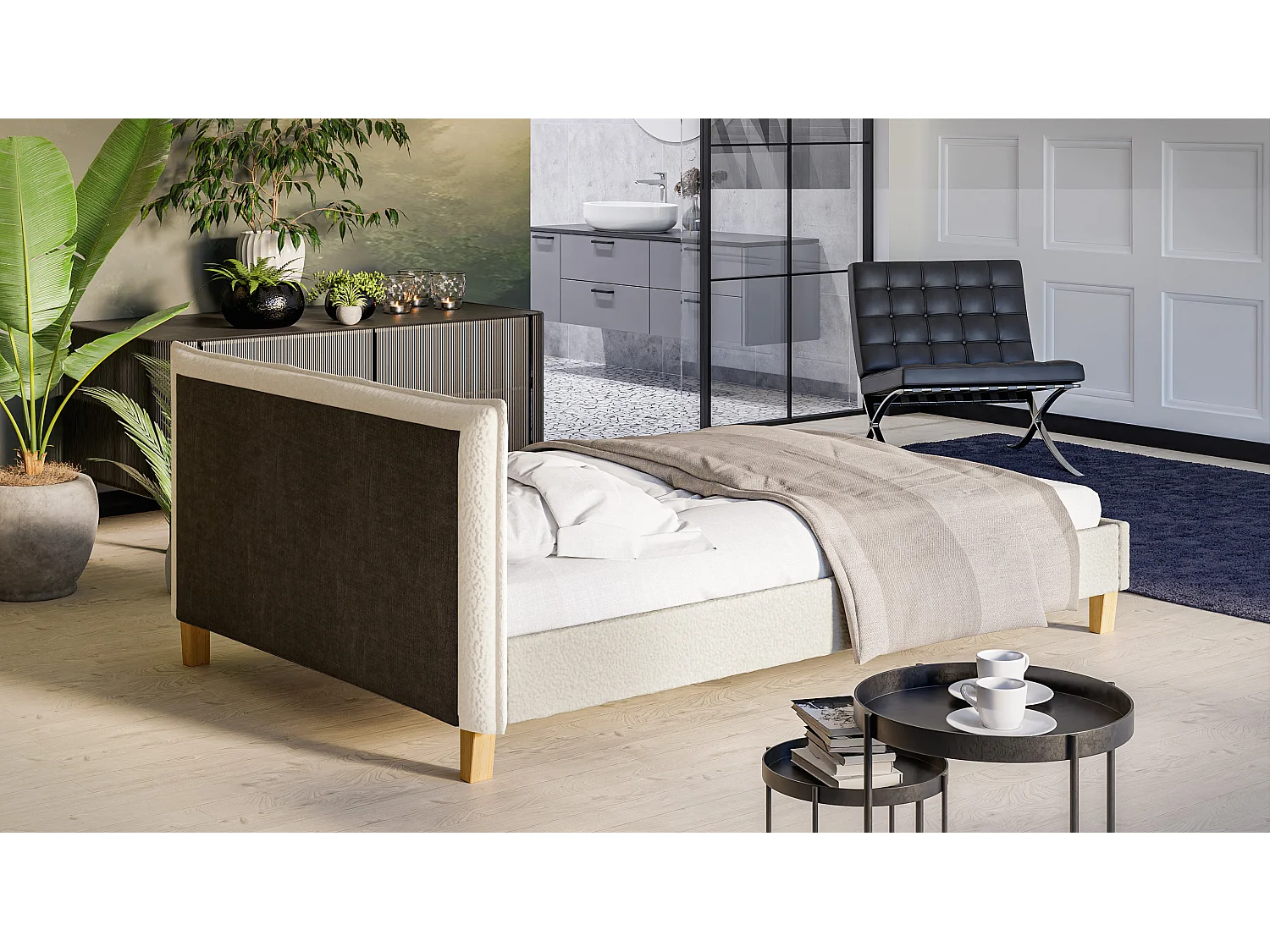 Polsterbett Uriah Boucle Stoff Füße aus Massivholz