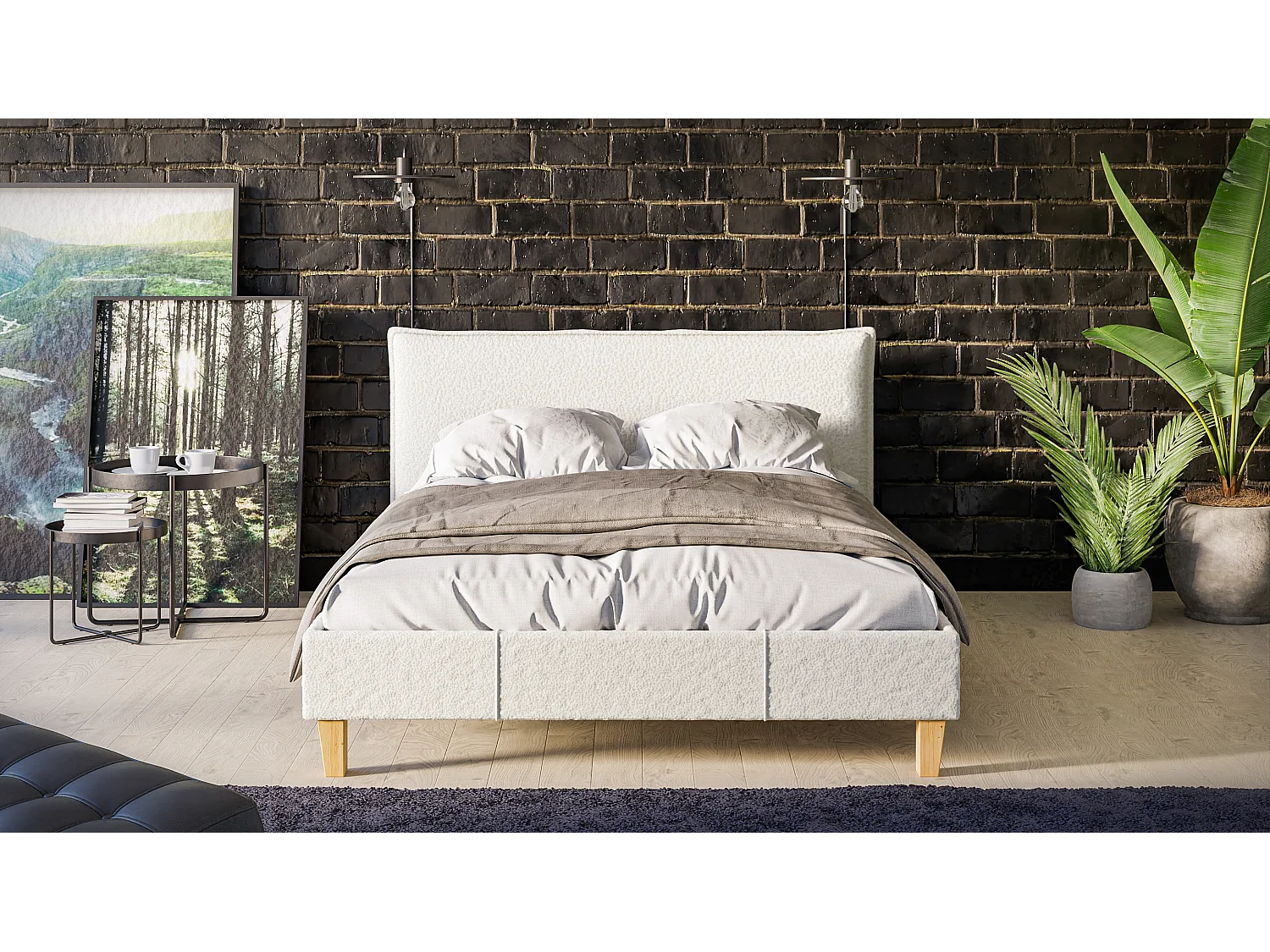 Polsterbett Uriah Boucle Stoff Füße aus Massivholz