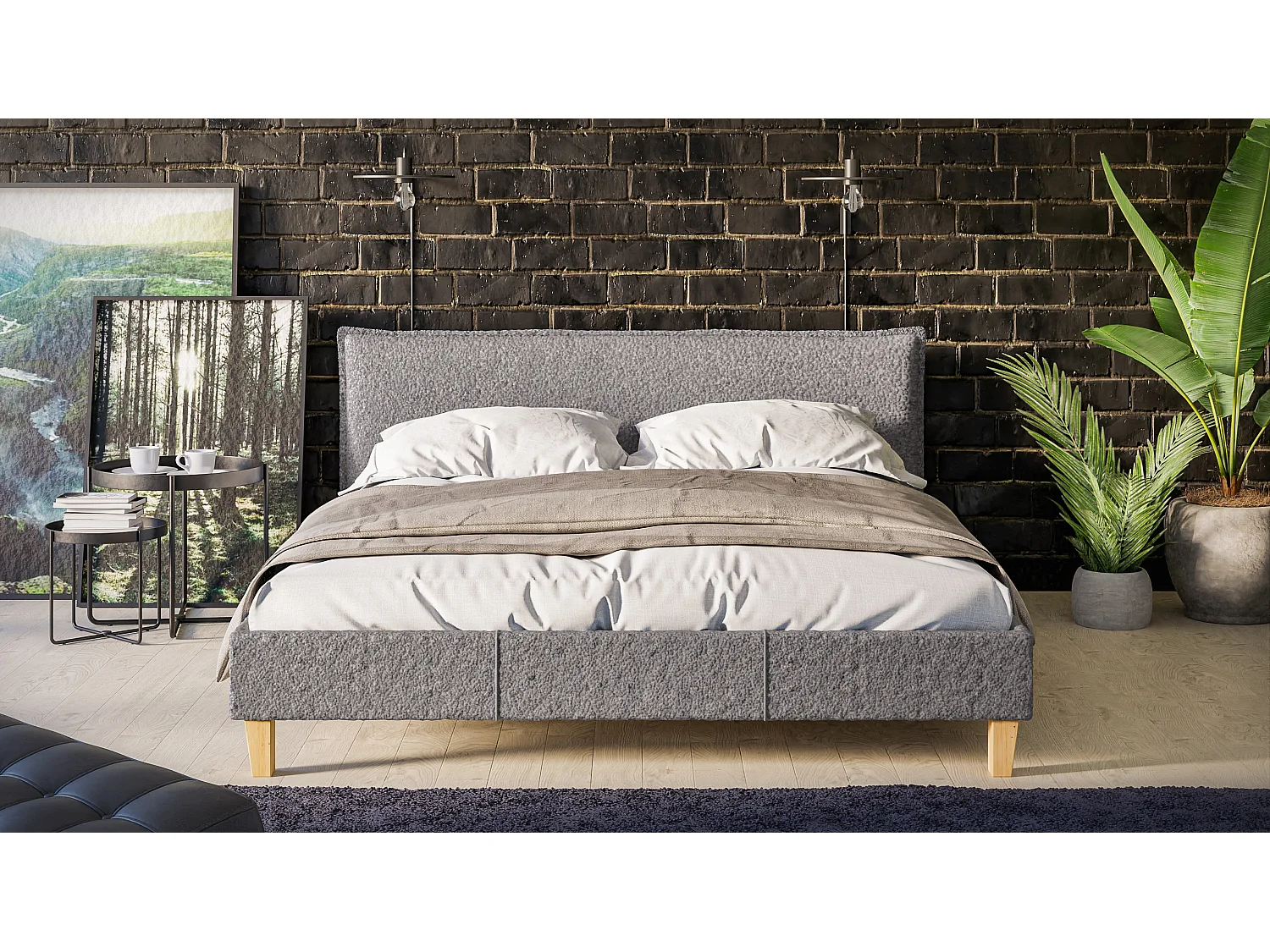 Polsterbett Uriah Boucle Stoff Füße aus Massivholz