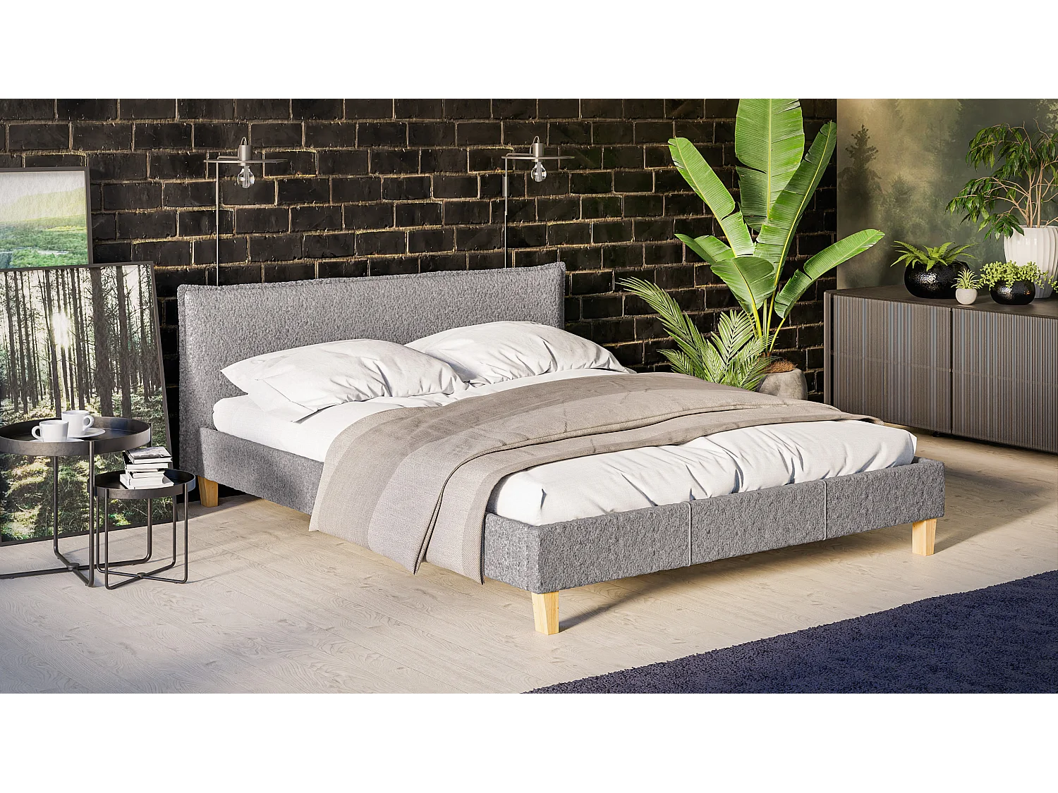 Polsterbett Uriah Boucle Stoff Füße aus Massivholz