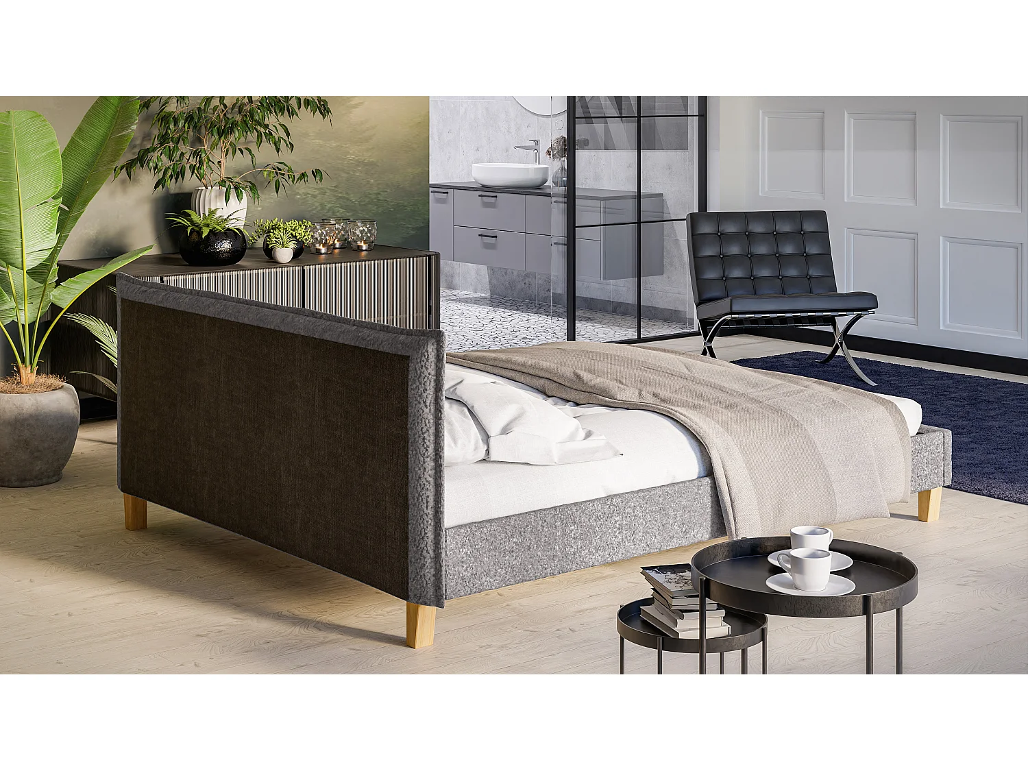 Polsterbett Uriah Boucle Stoff Füße aus Massivholz