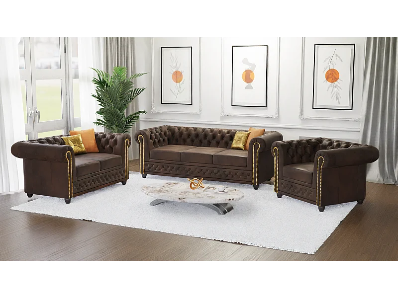 Chesterfield Selena Polstergarnitur mit Schlaffunktion 3+2+1 Vintage Optik Microfaser