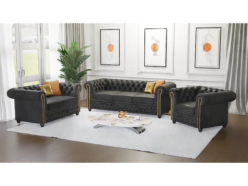 Chesterfield Selena Polstergarnitur mit Schlaffunktion 3+2+1 Vintage Optik Microfaser