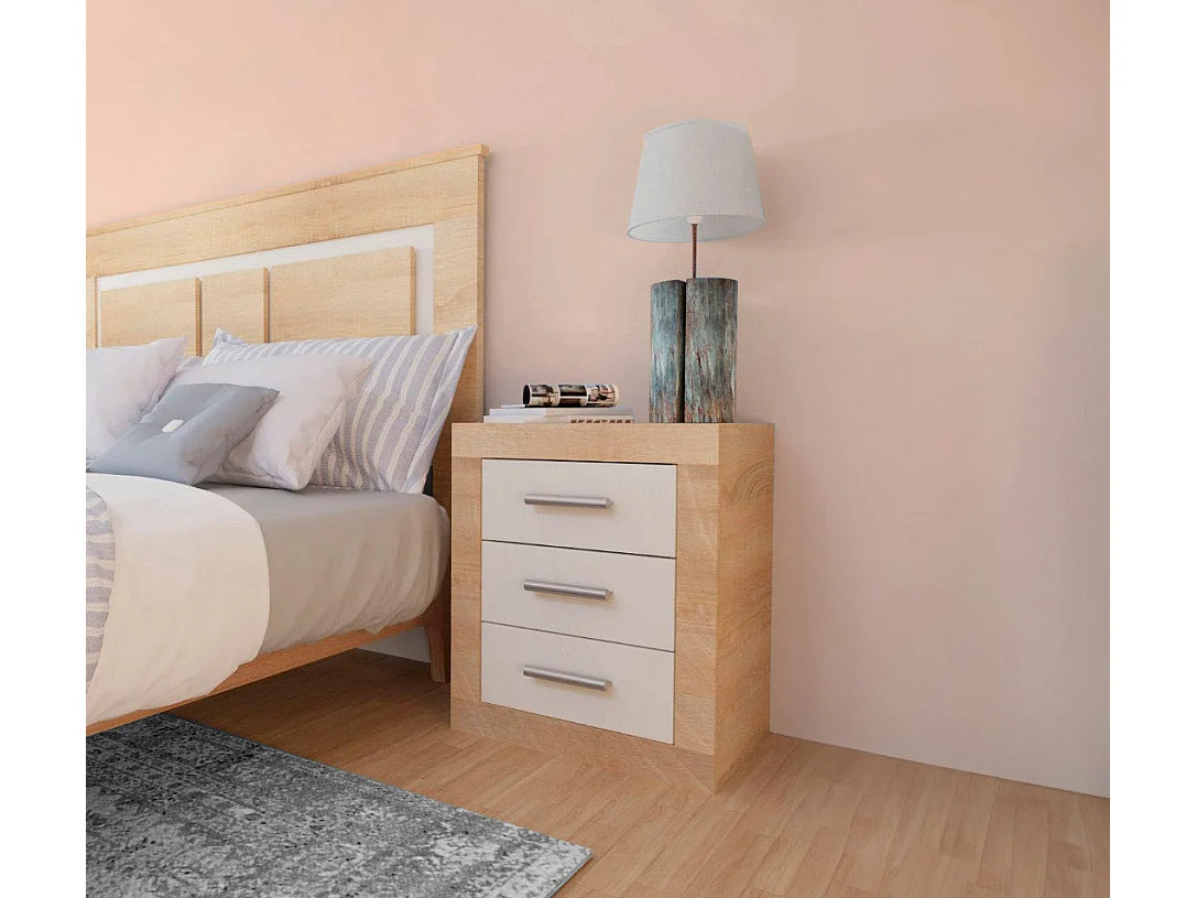 Mesita de Noche Kiara 3 Cajones Cambria y Blanco 50x60 cm
