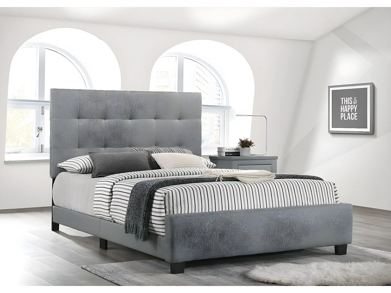 Cama de Matrimonio con Somier Emily 135cm Gris + Colchon Basico de 17 cm (+/-)