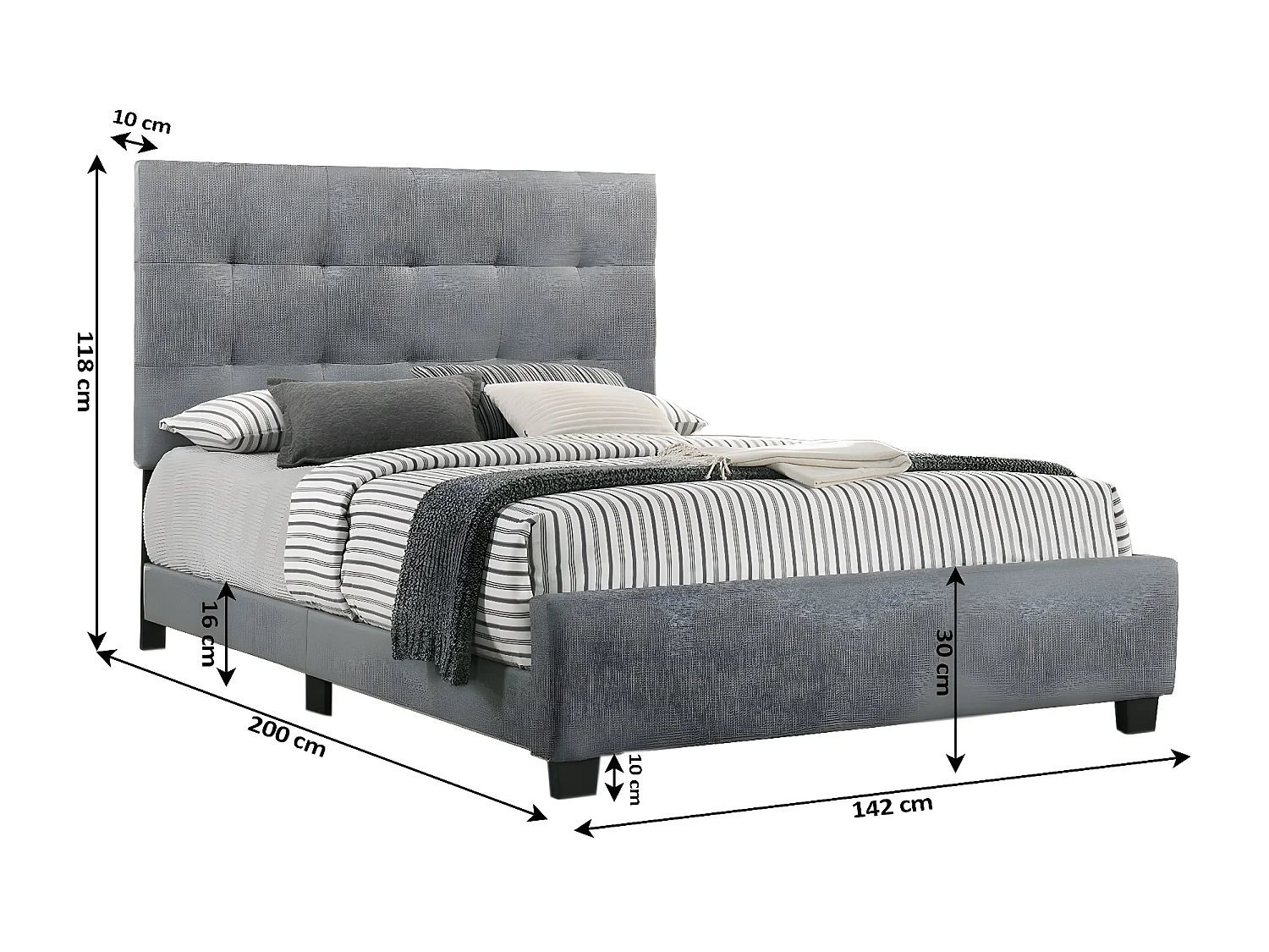 Cama de Matrimonio con Somier Emily 135cm Gris + Colchon Basico de 17 cm (+/-)