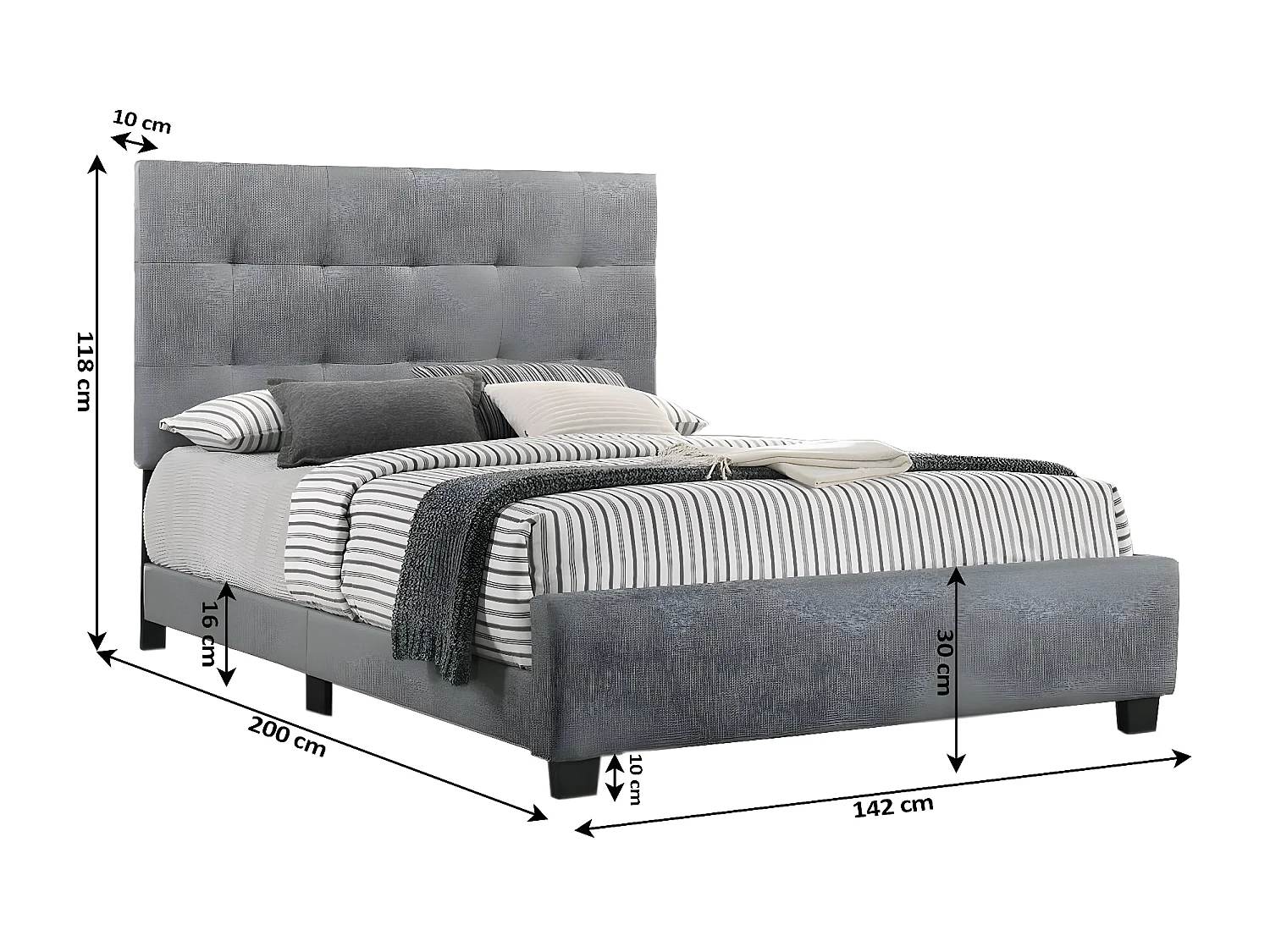 Cama de Matrimonio con Somier Emily 135cm Gris + Colchon Basico de 17 cm (+/-)