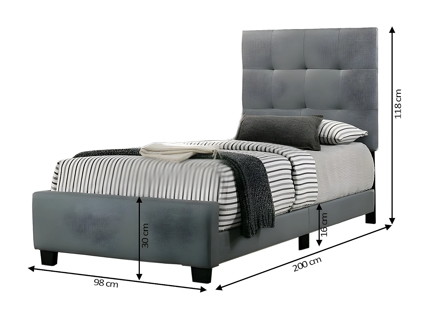 Cama Juvenil Individual con Somier Emily 90cm Gris + Colchon TOP Viscoelastico de 28 cm