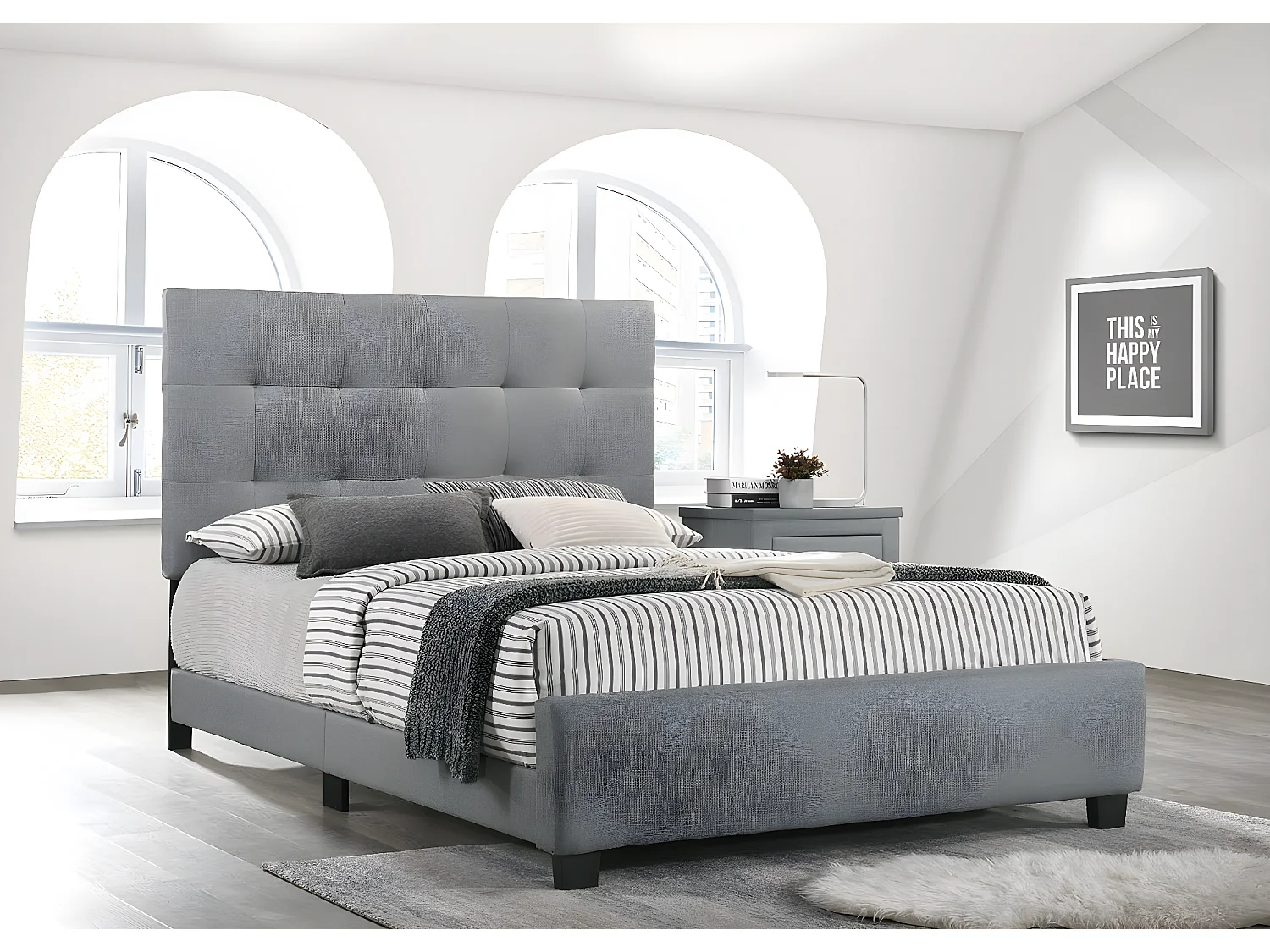 Cama de Casal Emily com Estrado 135cm Cinza + Colchão Viscoelástico de 23cm