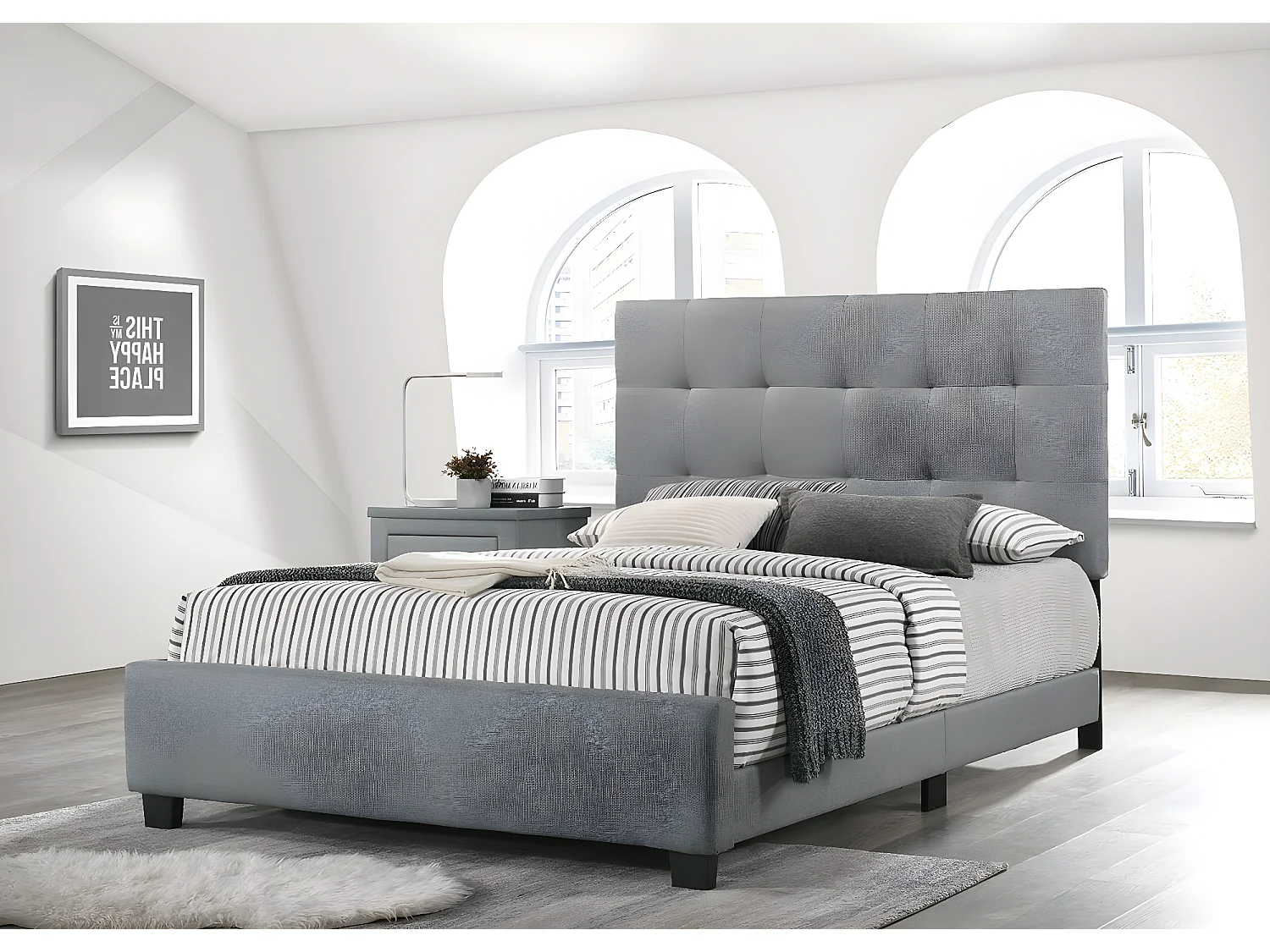 Cama de Matrimonio con Somier Emily 150cm Gris + Colchon Basico de 17 cm (+/-)