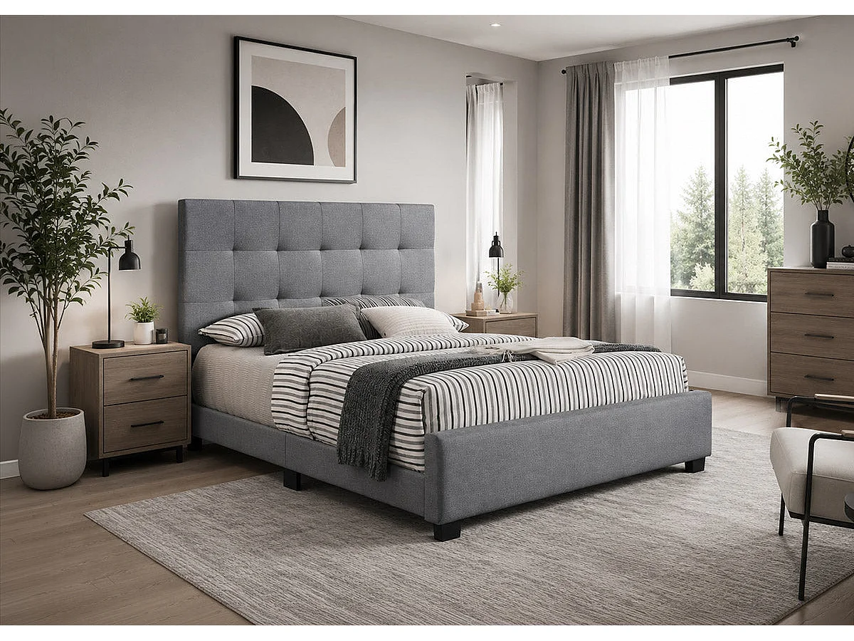 Cama de Matrimonio con Somier Emily 150cm Gris + Colchon Basico de 17 cm (+/-)