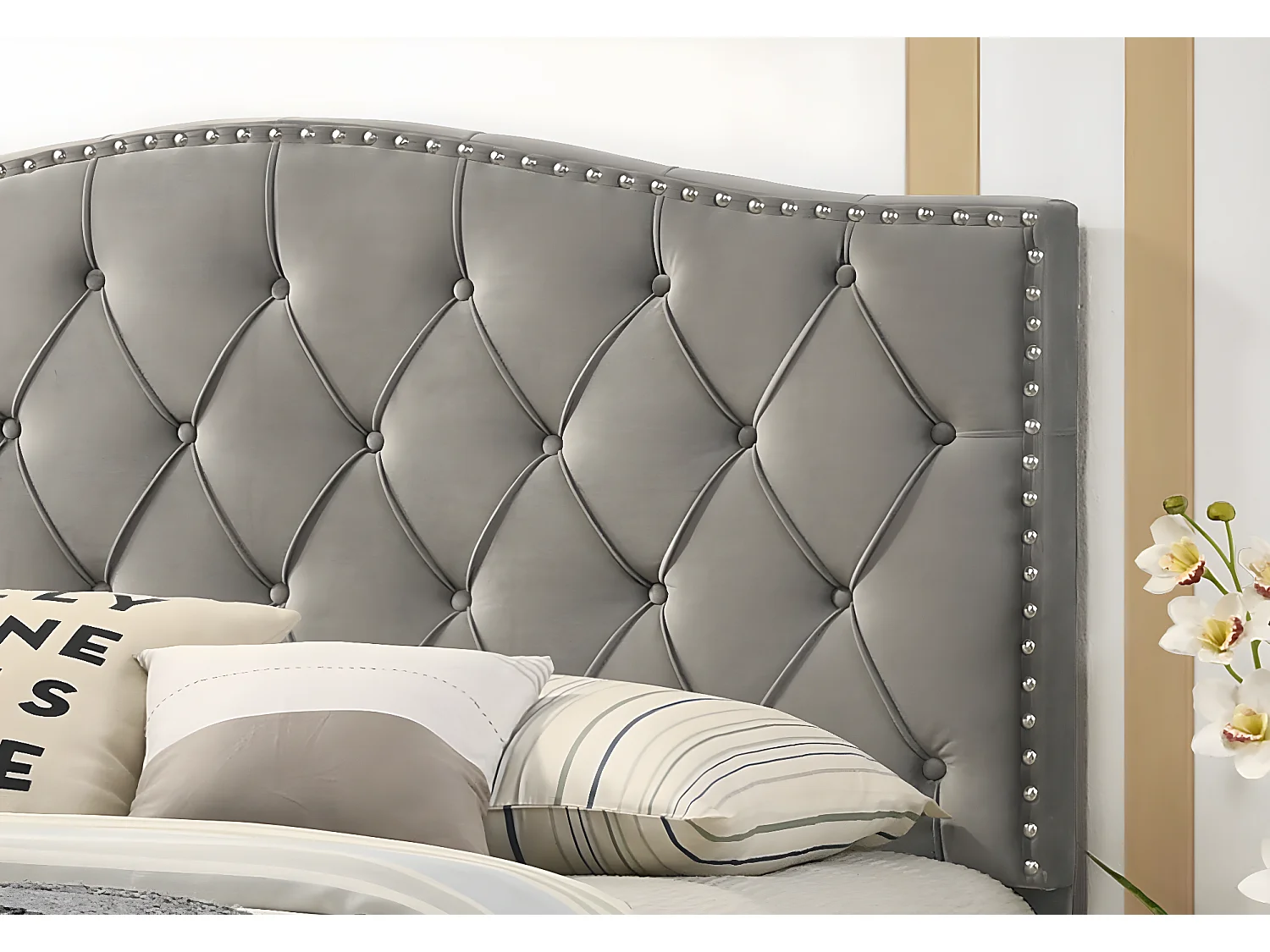 Cama de Matrimonio Jessy 135cm Gris en terciopelo + Colchon TOP Viscoelastico de 28 cm