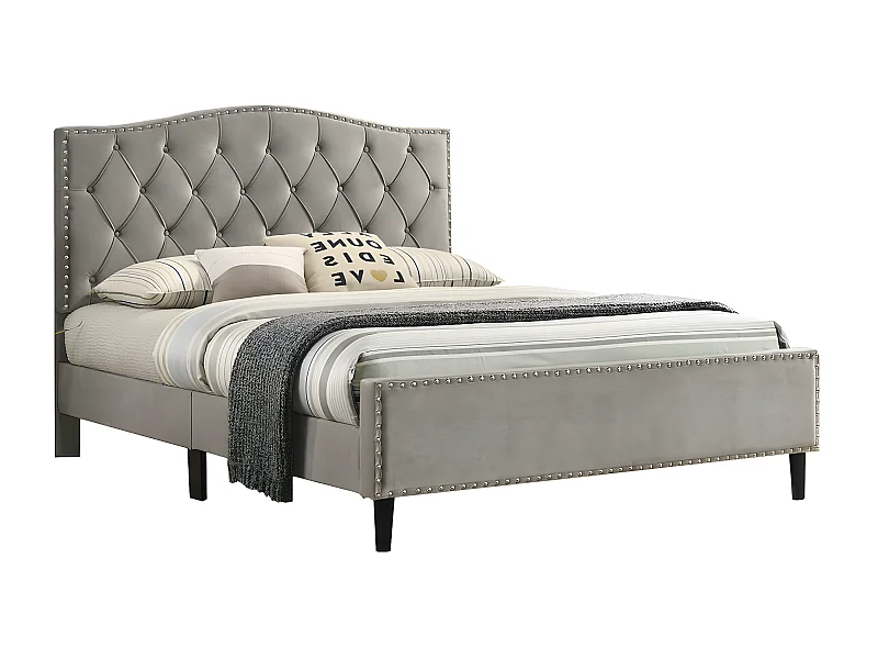 Cama de Matrimonio Jessy 135cm Gris en terciopelo + Colchon TOP Viscoelastico de 28 cm