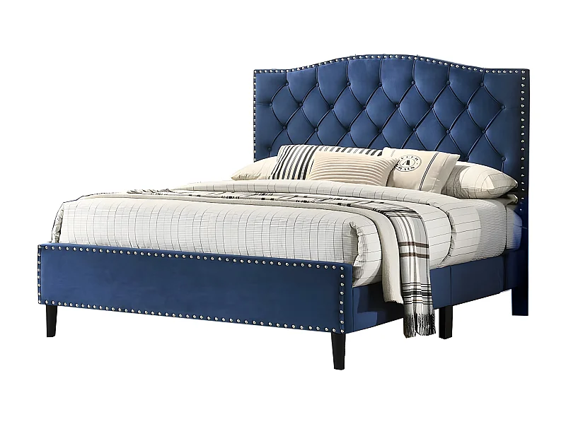 Cama de Matrimonio Jessy 150cm Azul en terciopelo + Colchon Basico de 17 cm (+/-)