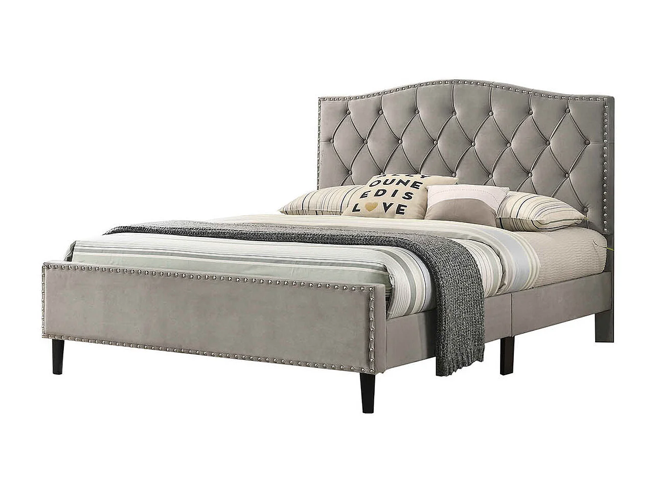 Cama de Casal Jessy 135cm Cinza em Veludo + Colchão Básico de 18cm