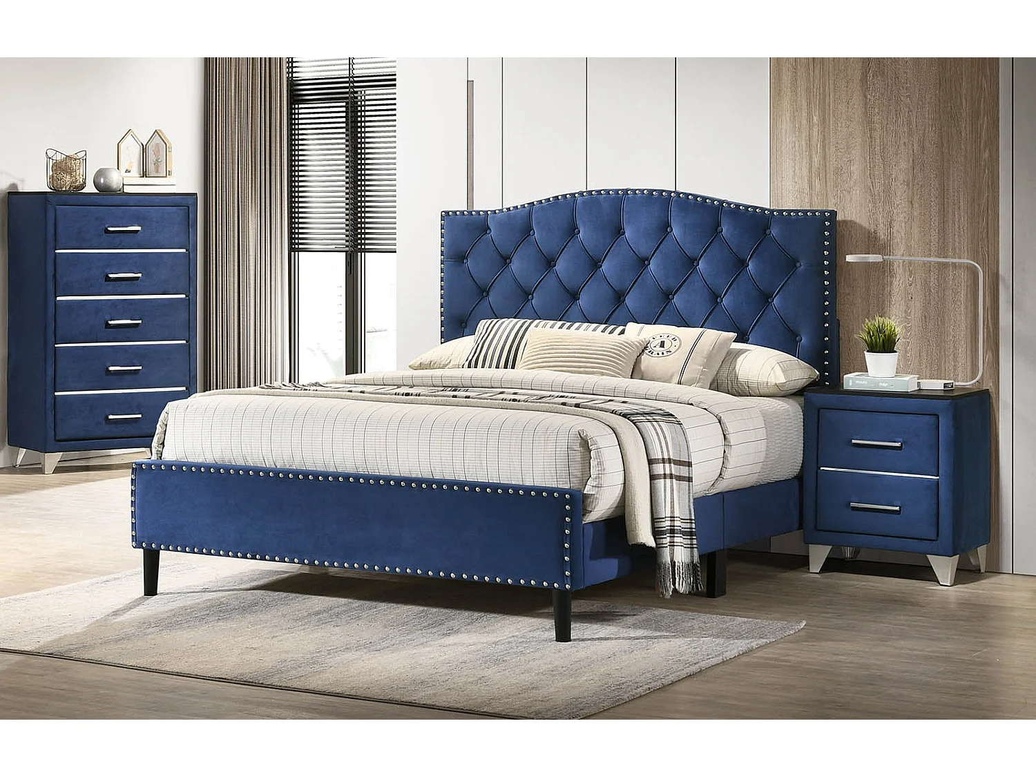 Cama de Matrimonio Jessy 150cm Azul en terciopelo + Colchon TOP Viscoelastico de 28 cm