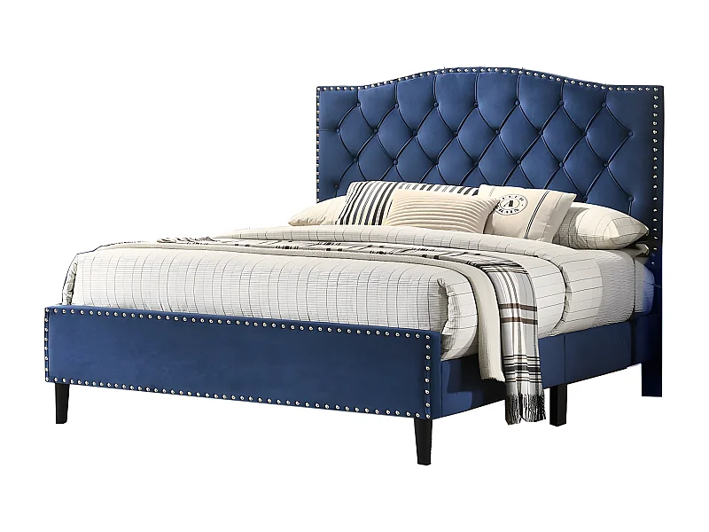 Cama de Matrimonio Jessy 150cm Azul en terciopelo + Colchon TOP Viscoelastico de 28 cm