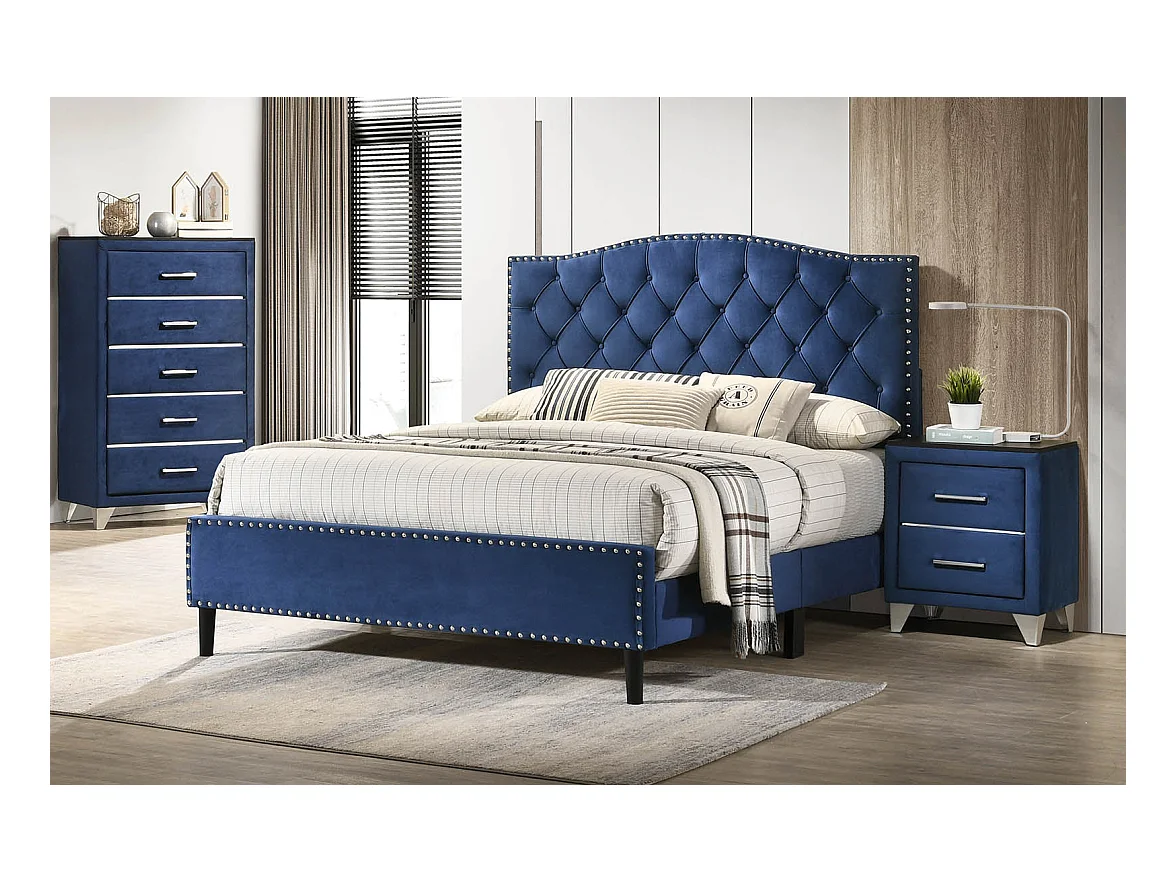 Cama de Casal Jessy 150cm Azul em Veludo