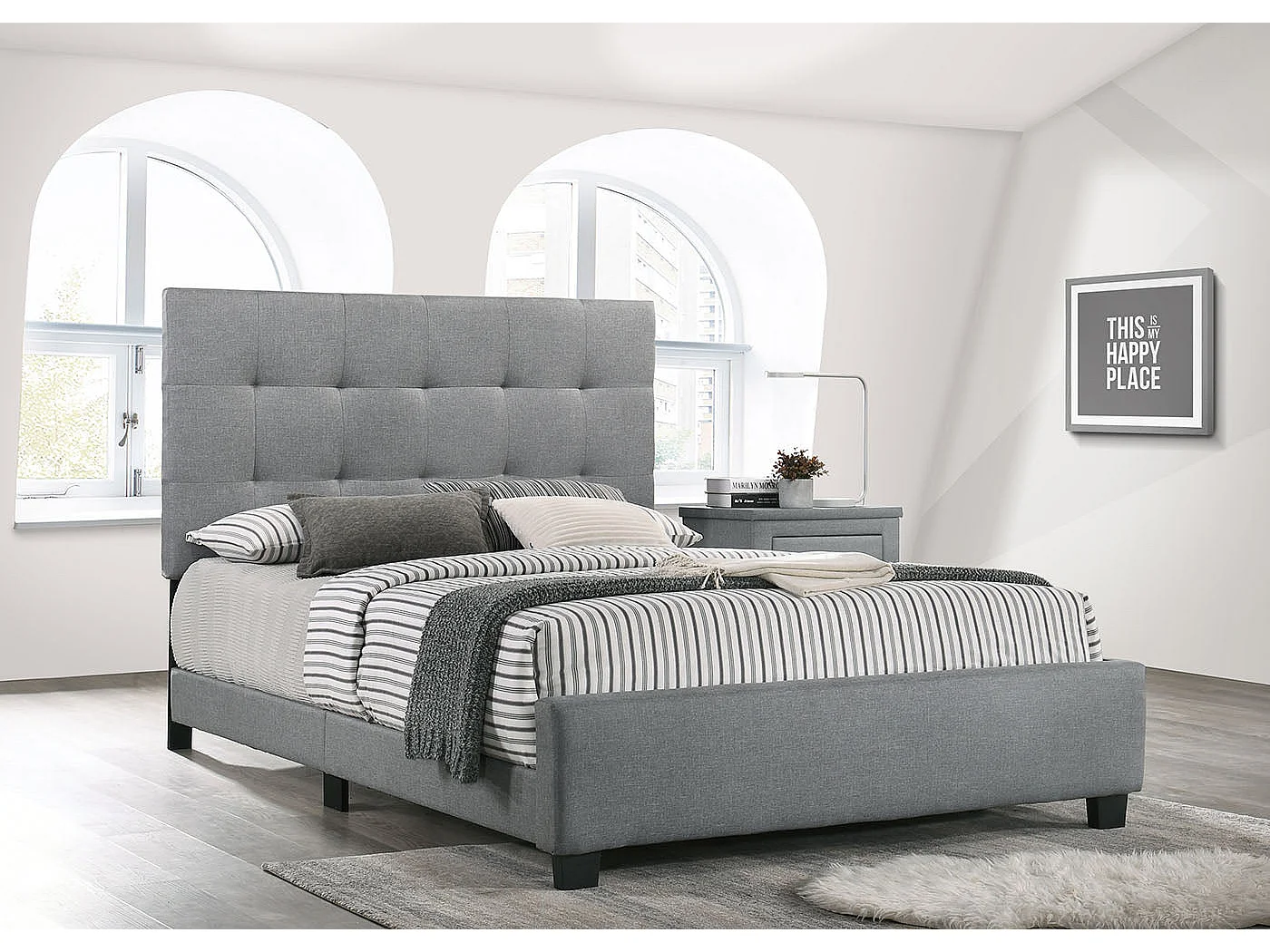 Cama de Casal Emily com Estrado 135cm Cinza + Colchão Viscoelástico TOP de 28cm