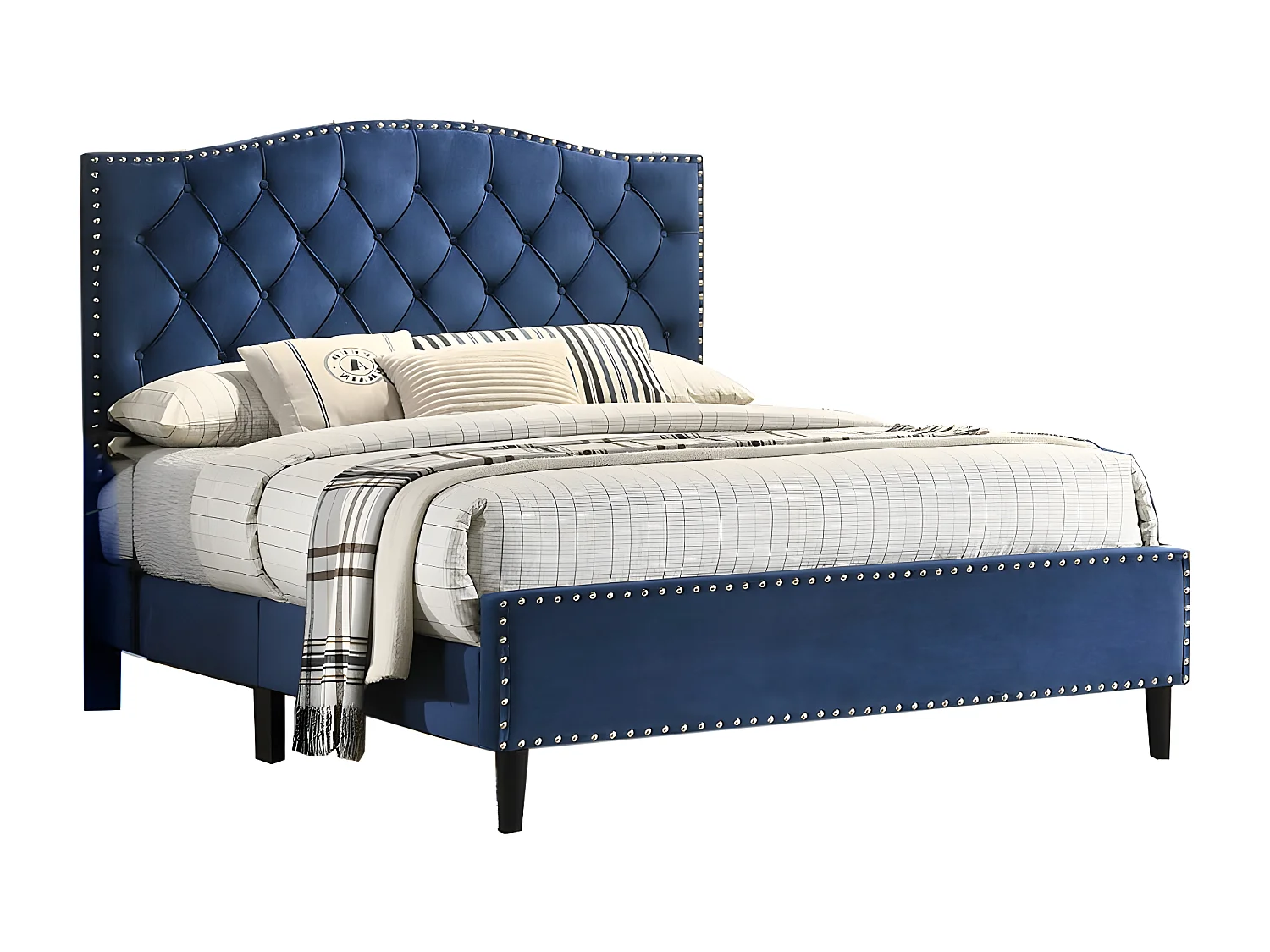 Cama de Matrimonio Jessy 135cm Azul en terciopelo + Colchon TOP Viscoelastico de 28 cm