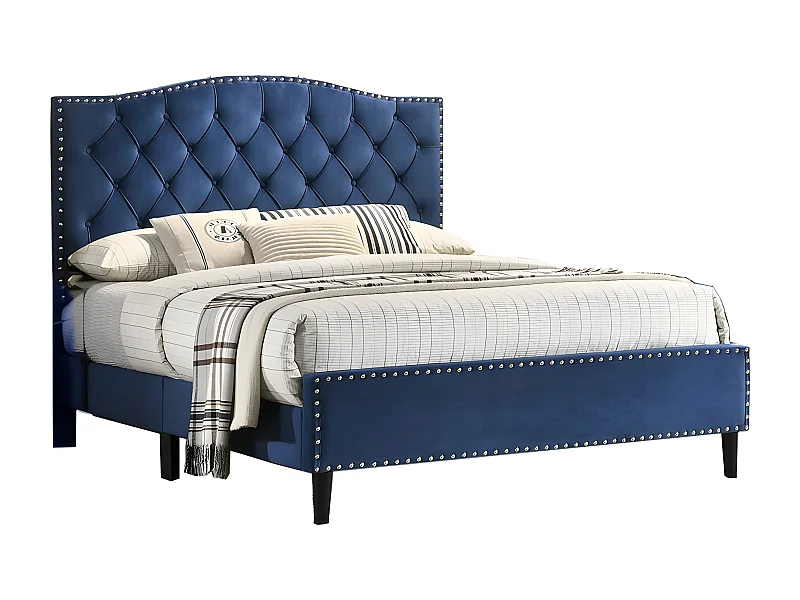 Cama de Matrimonio Jessy 135cm Azul en terciopelo + Colchon TOP Viscoelastico de 28 cm