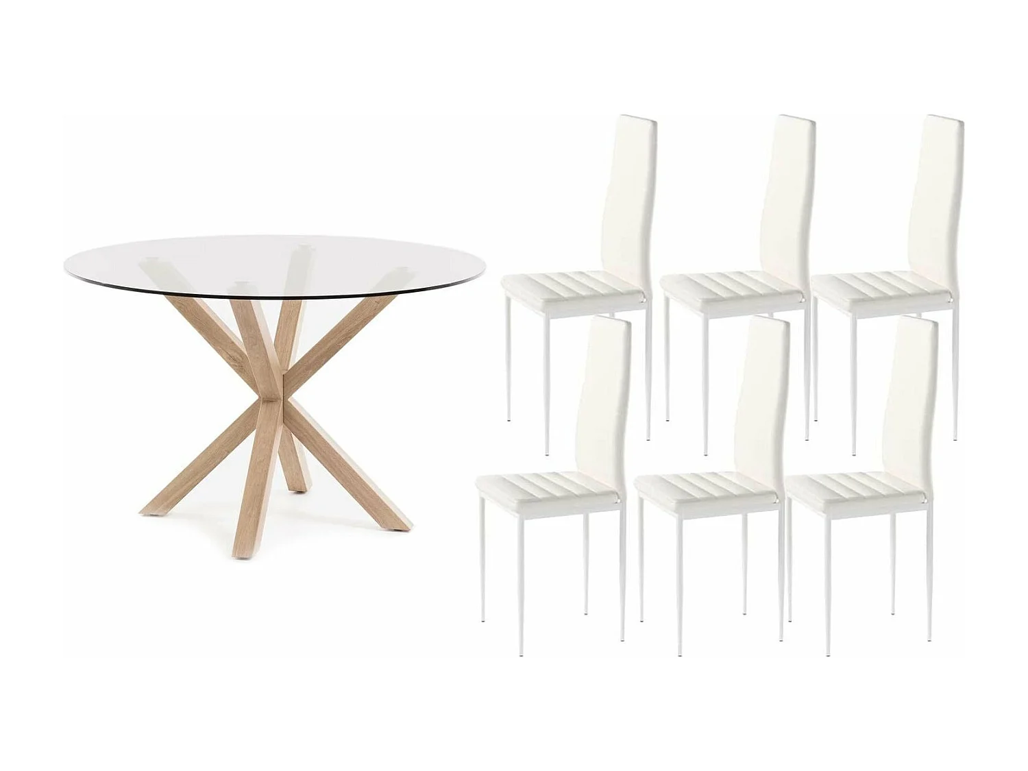 Pack Mesa Redonda de Cristal Templado + 6 Sillas polipiel/metal Blanco 120x75 cm