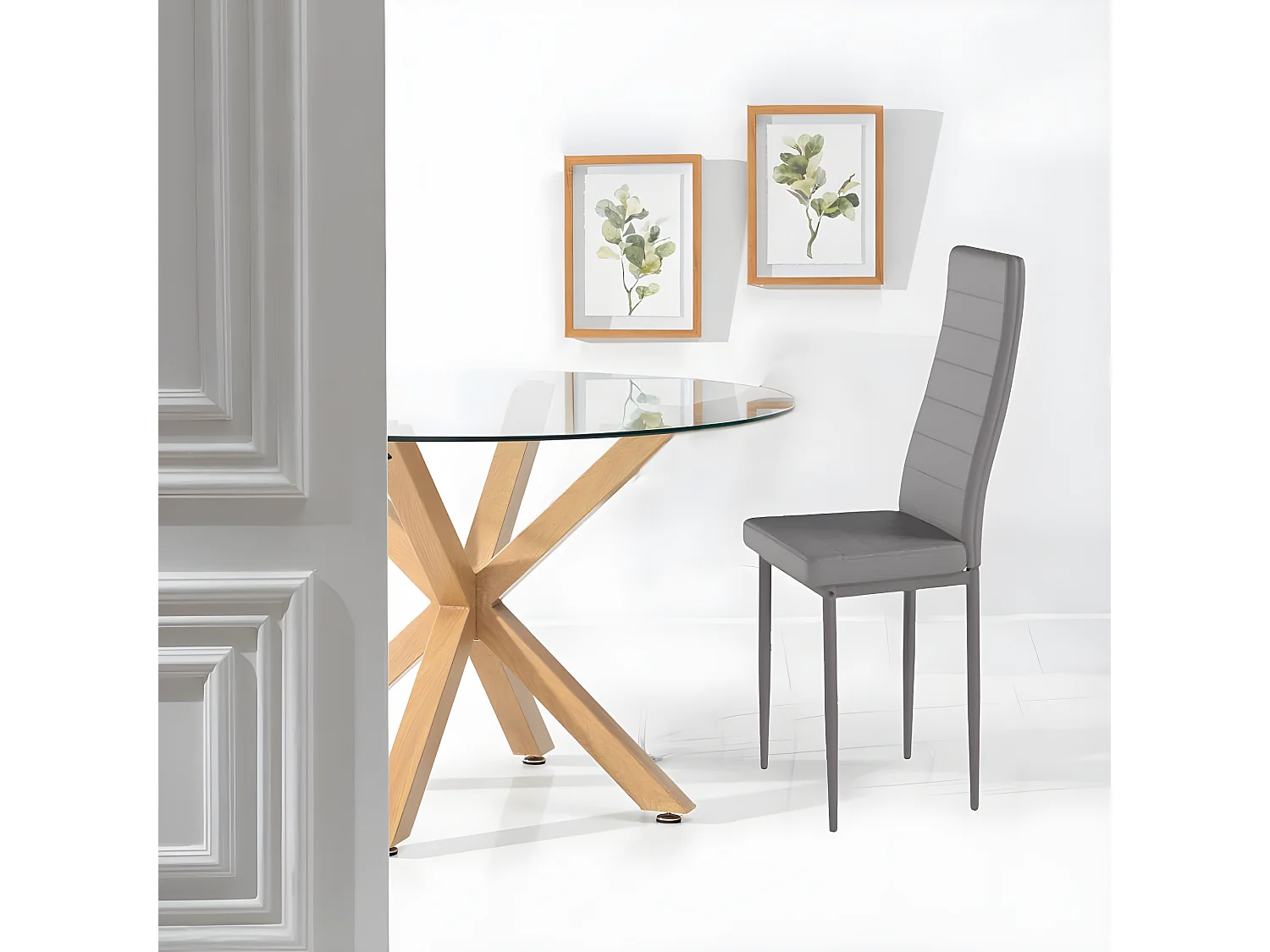 Pack Mesa Redonda de Cristal Templado + 6 Sillas polipiel/metal Blanco 120x75 cm