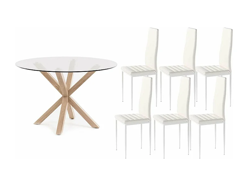 Pack Mesa Redonda de Cristal Templado + 6 Sillas polipiel/metal Blanco 120x75 cm