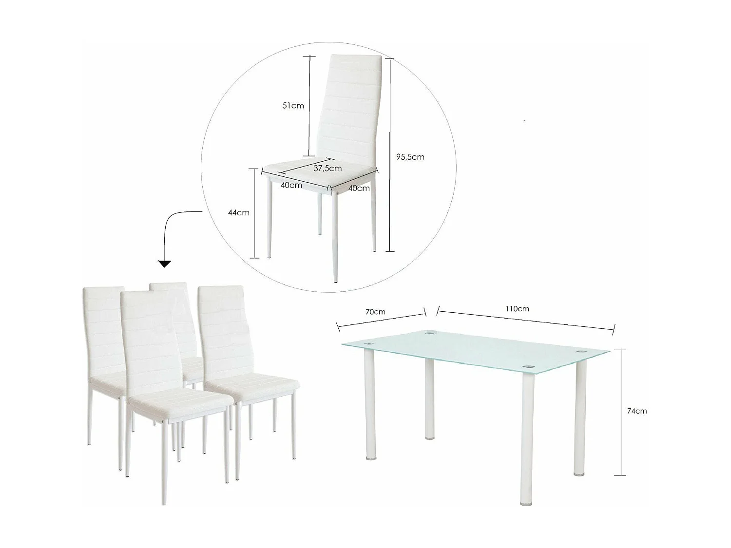 Pack Elegance: Mesa de Cristal Templado + 4 Sillas Polipiel + Mesa de Centro de Cristal Templado Negro