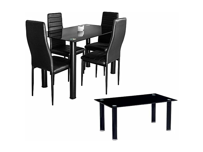 Pack Elegance: Mesa de Cristal Templado + 4 Sillas Polipiel + Mesa de Centro de Cristal Templado Negro