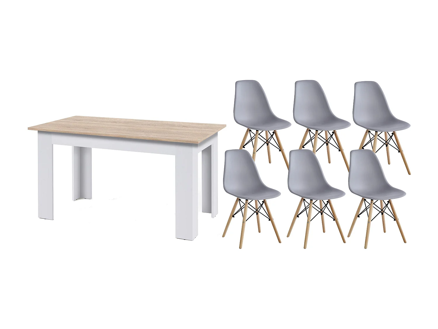 Pack Mesa de Comedor o Cocina Fija + 6 Sillas Estilo Nordico