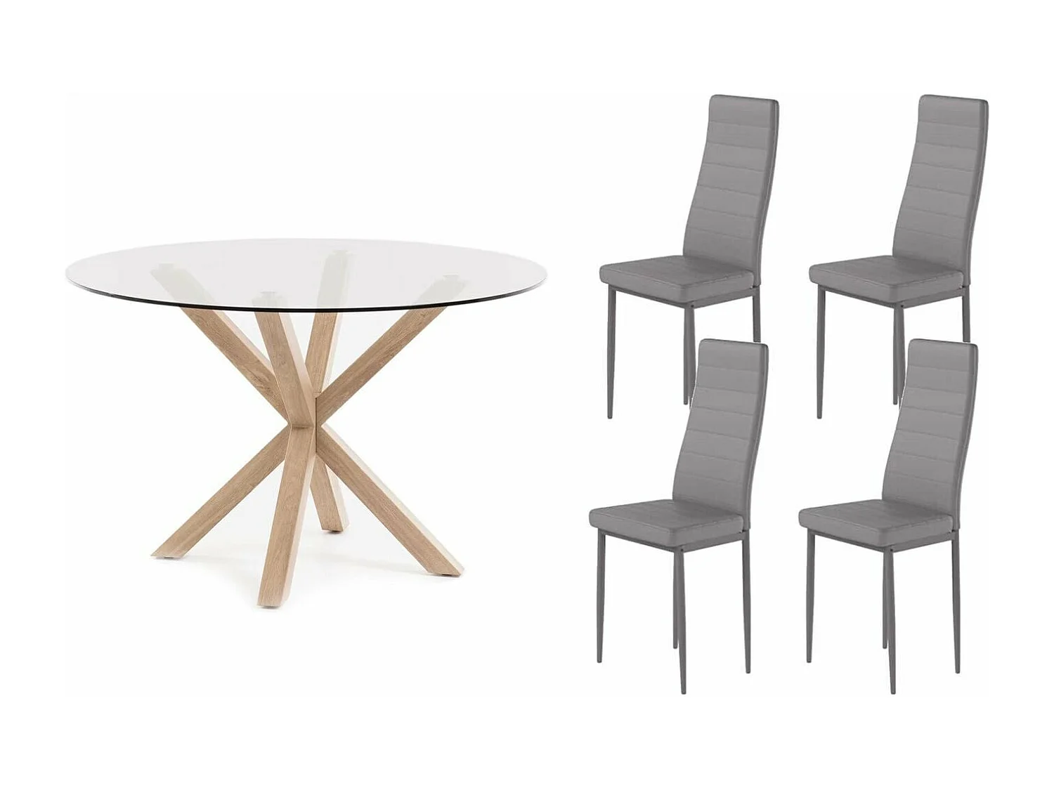 Conjunto Mesa Redonda em Vidro Temperado 120cm + 4 Cadeiras Couro Sintético/Metal Cinza