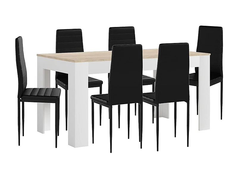 Mesa Extensible de Comedor o Cocina Blanco y Cambria + 6 Sillas en Polipiel/metal Negro