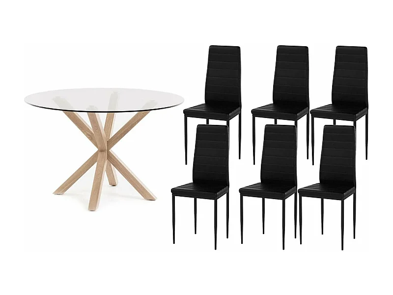 Pack Mesa Redonda de Cristal Templado + 6 Sillas polipiel/metal Negro 120x75 cm