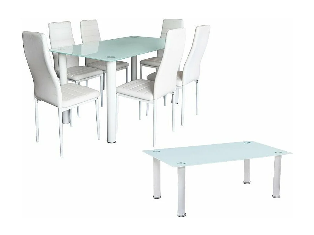 Pack Elegance: Mesa de Cristal Templado + 6 Sillas Polipiel + Mesa de Centro de Cristal Templado Blanco