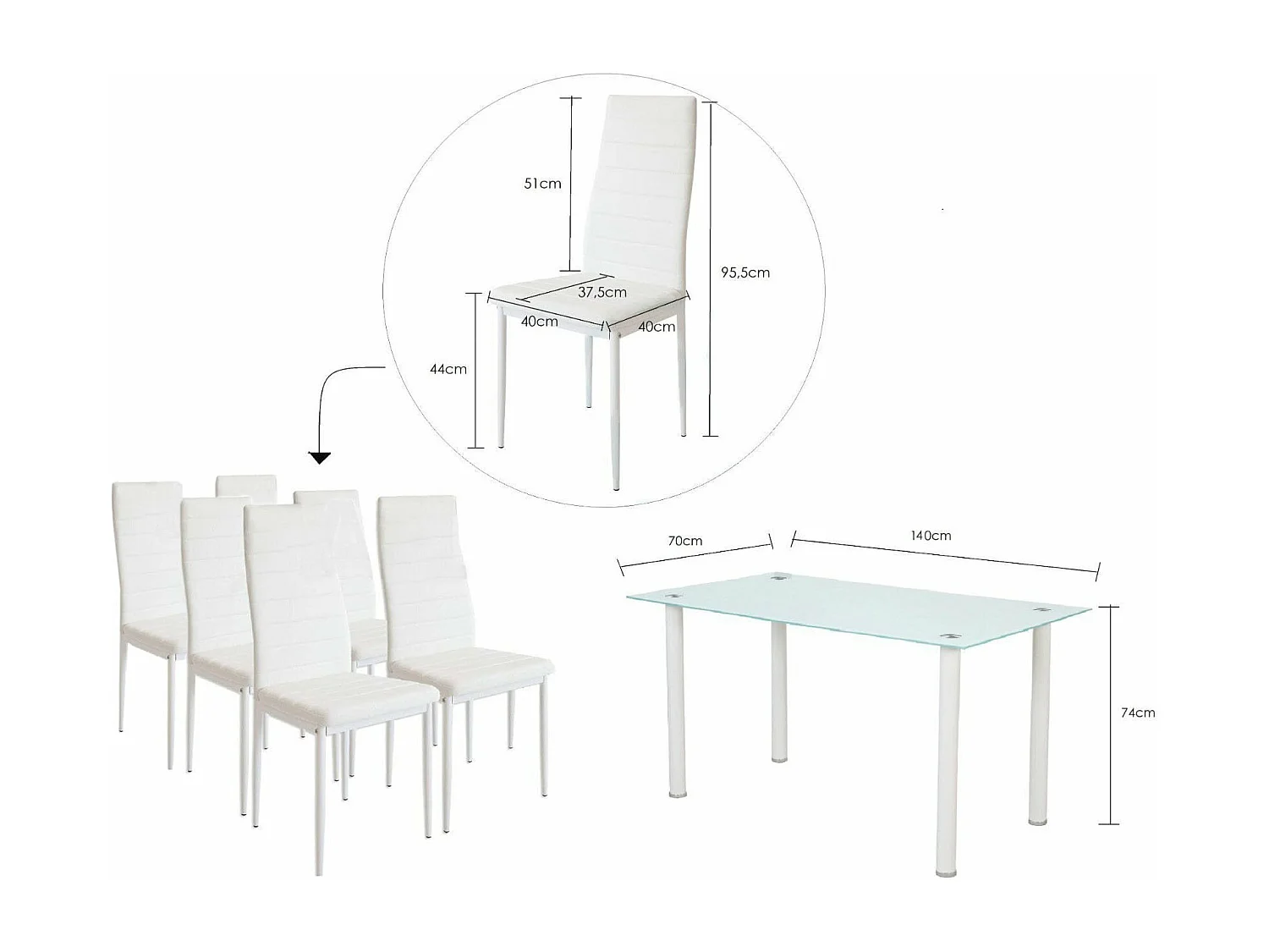 Pack Elegance: Mesa de Cristal Templado + 6 Sillas Polipiel + Mesa de Centro de Cristal Templado Blanco