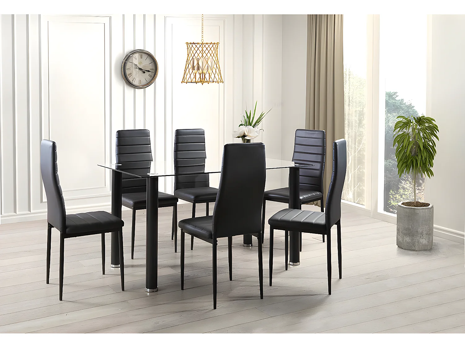 Mesa de Cristal Templado + 6 Sillas Polipiel. Comedor o Cocina, Gris