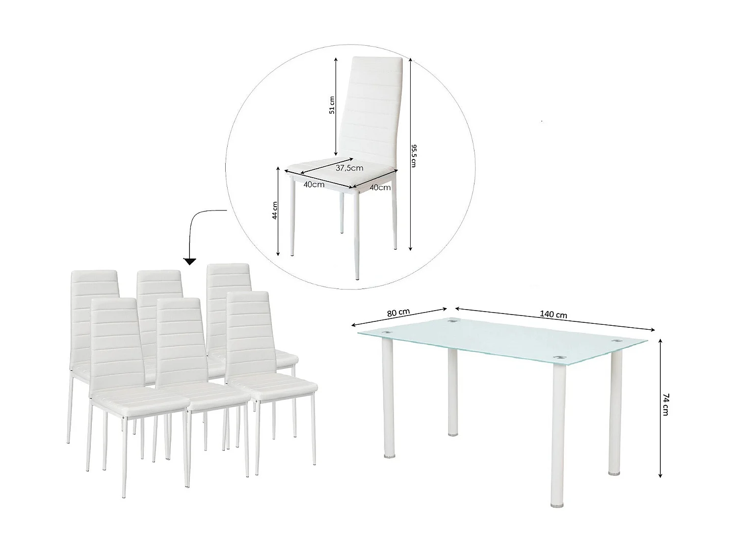 Mesa de Cristal Templado + 6 Sillas Polipiel. Comedor o Cocina, Gris