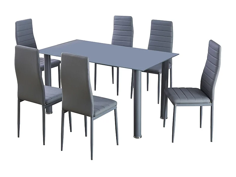 Mesa de Cristal Templado + 6 Sillas Polipiel. Comedor o Cocina, Gris