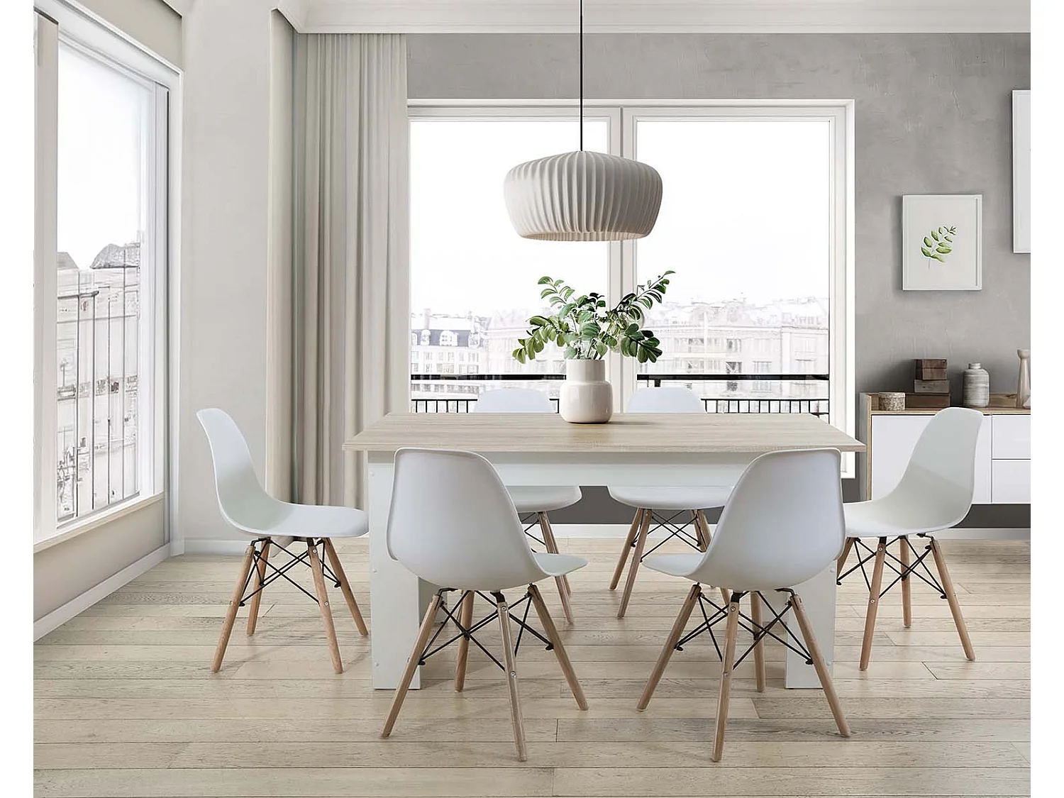 Pack Mesa de Comedor o Cocina Fija + 6 Sillas Estilo Nordico