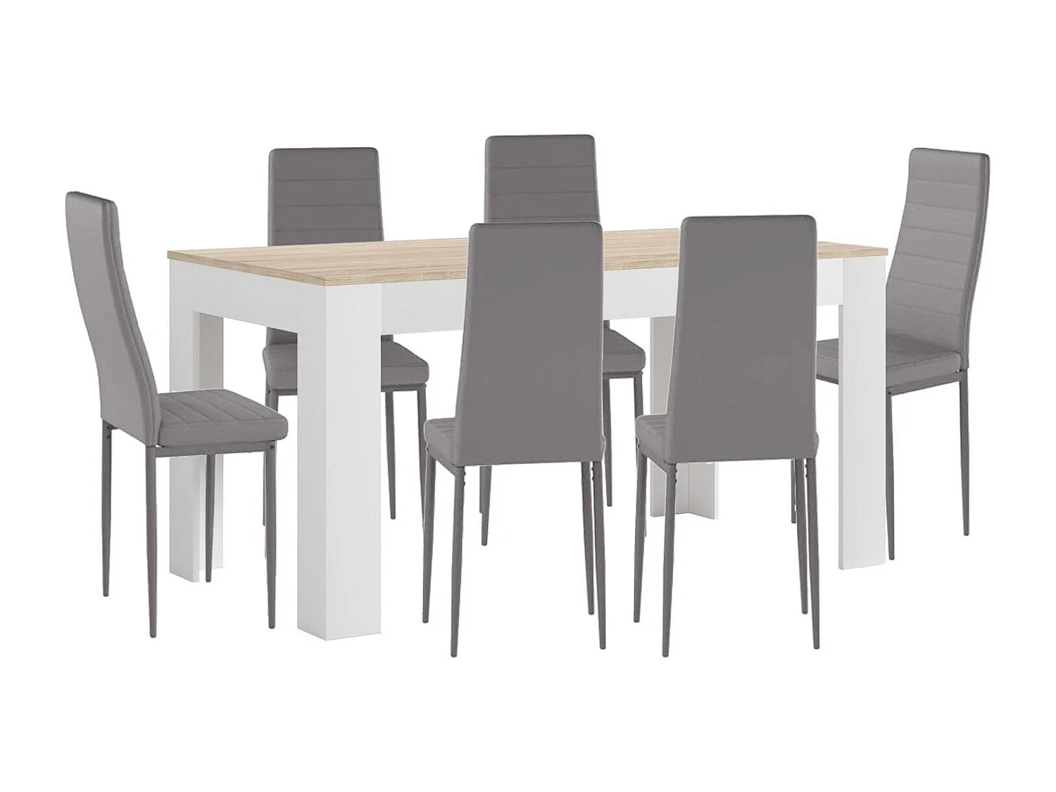 Mesa Extensible de Comedor o Cocina Blanco y Cambria + 6 Sillas en Polipiel/metal Gris
