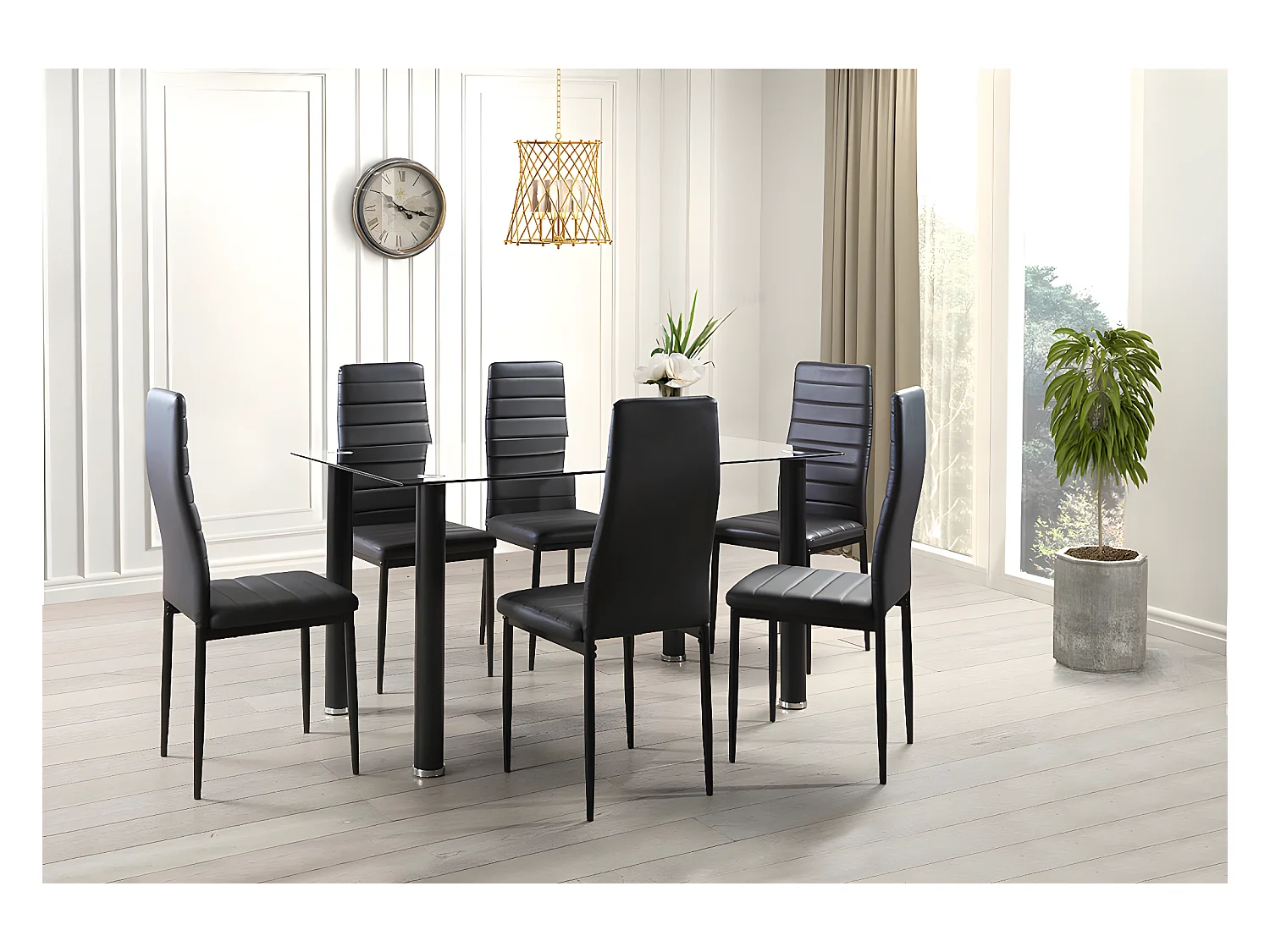 Mesa de vidro temperado + 6 cadeiras em couro sintético. Sala de jantar ou cozinha