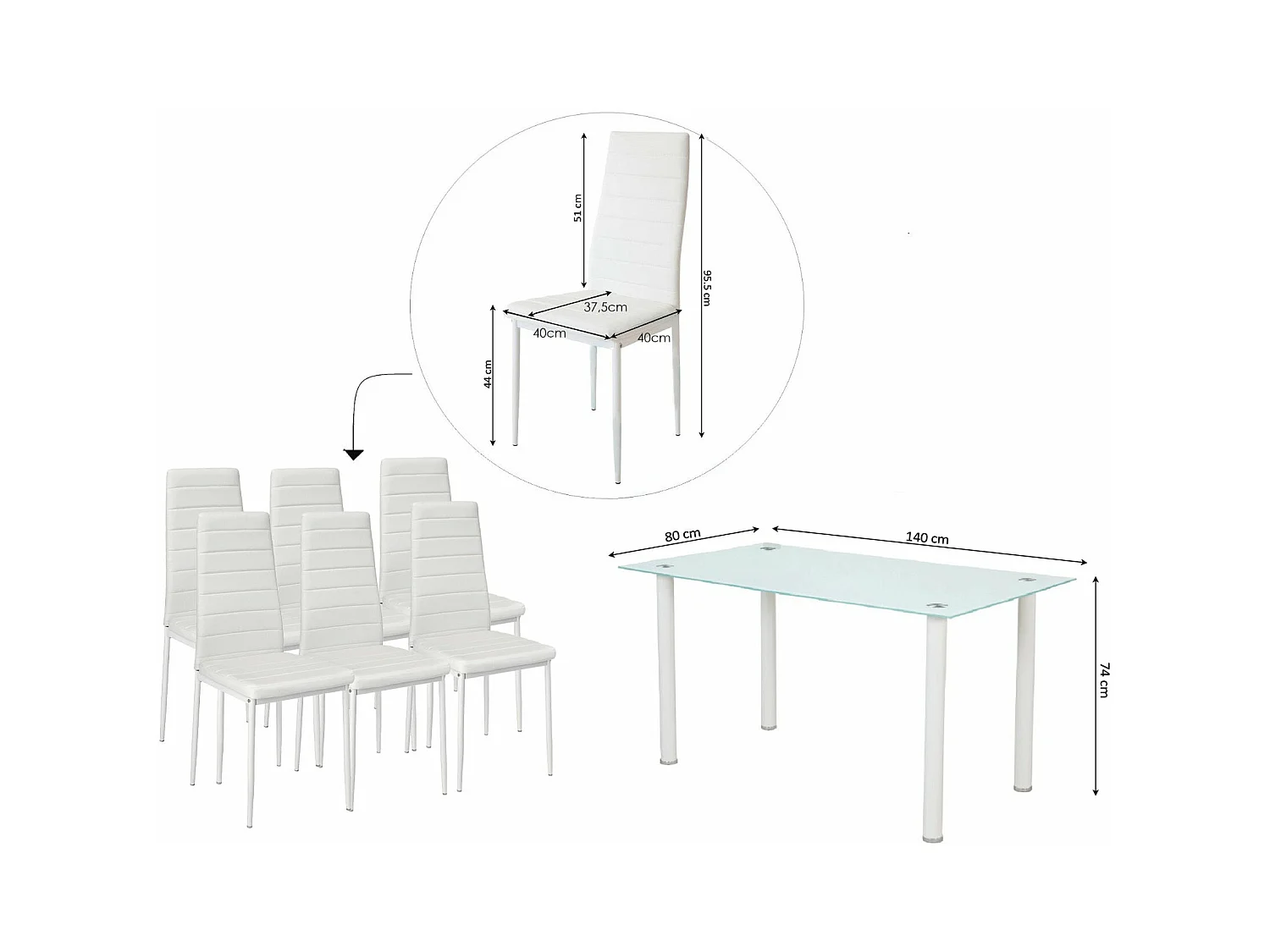 Mesa de vidro temperado + 6 cadeiras em couro sintético. Sala de jantar ou cozinha
