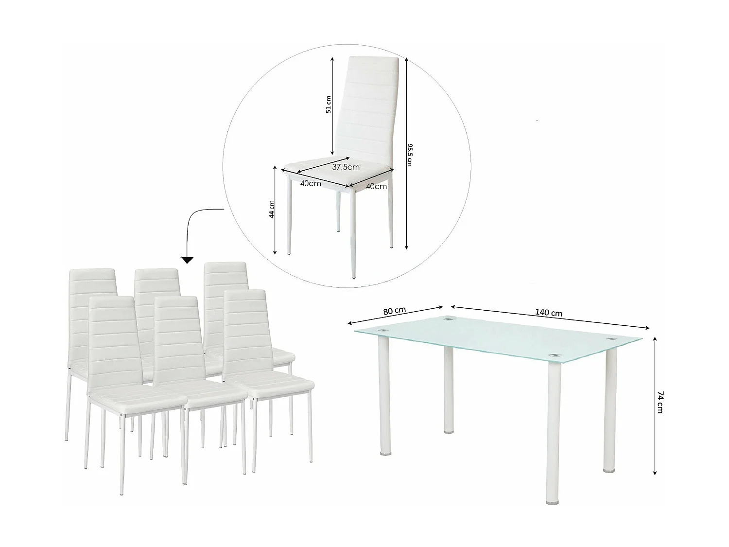 Mesa de Cristal Templado + 6 Sillas Polipiel. Comedor o Cocina