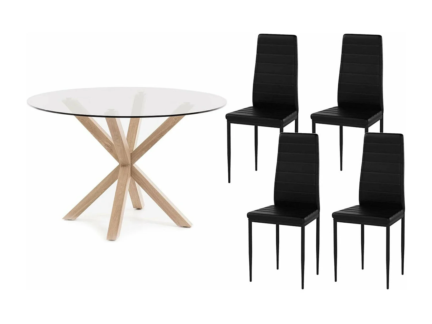 Pack Mesa Redonda de Cristal Templado + 4 Sillas polipiel/metal Negro 120x75 cm