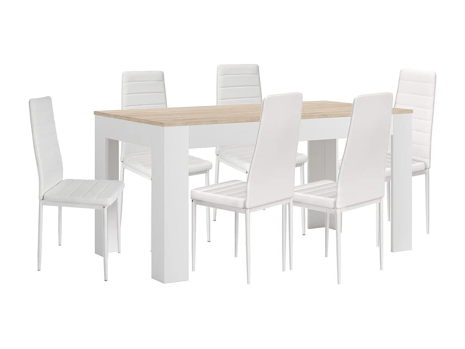 Mesa Extensible de Comedor o Cocina Blanco y Cambria + 6 Sillas en Polipiel/metal Blanco
