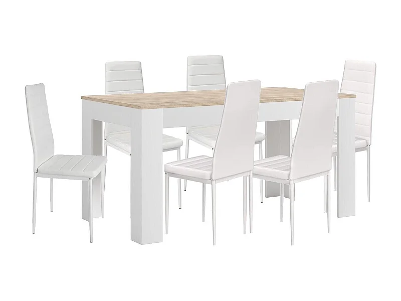 Mesa Extensible de Comedor o Cocina Blanco y Cambria + 6 Sillas en Polipiel/metal Blanco