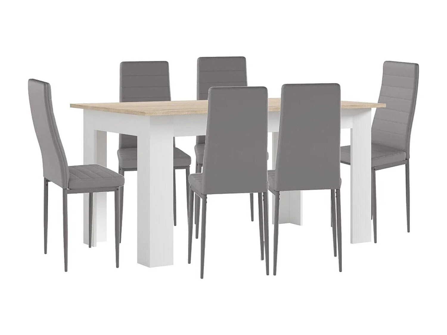 Conjunto Mesa de Jantar ou Cozinha Branco e Carvalho + 6 Cadeiras de Couro Sintético/metal Cinza