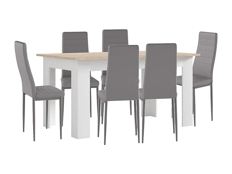 Conjunto Mesa de Jantar ou Cozinha Branco e Carvalho + 6 Cadeiras de Couro Sintético/metal Cinza